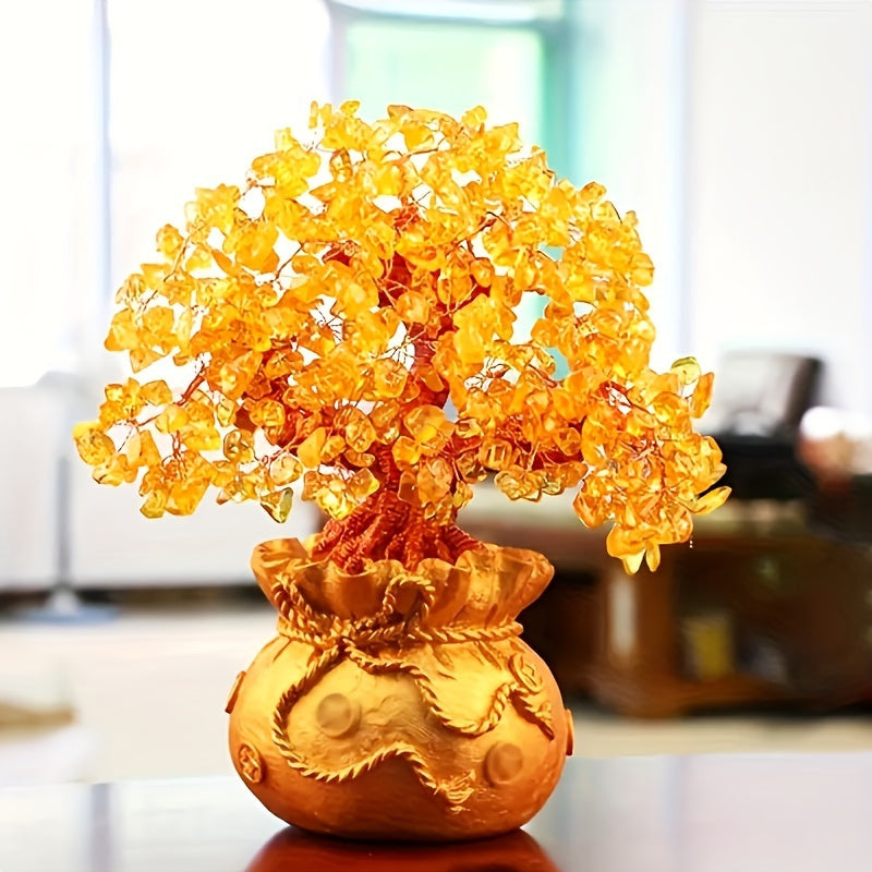 Elegant Golden Resin Wealth Tree With Natural Crystal Leaves - Attracts Prosperity & Fortune, Feng Shui-Inspired Home Decor, Unique Business Gift, Auspicious Wealth Symbol, Ideal For Reptile Habitat Tree, Crystal Leaf Design, Wealth Tree