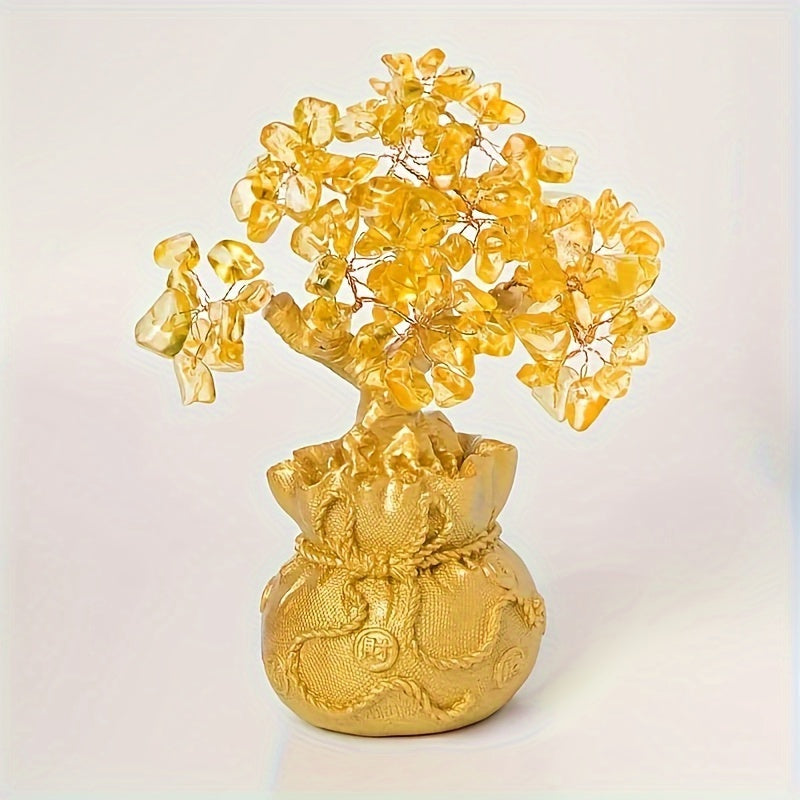 Elegant Golden Resin Wealth Tree With Natural Crystal Leaves - Attracts Prosperity & Fortune, Feng Shui-Inspired Home Decor, Unique Business Gift, Auspicious Wealth Symbol, Ideal For Reptile Habitat Tree, Crystal Leaf Design, Wealth Tree