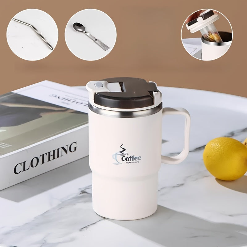 Large 550Ml/19.3Oz Stainless Steel Coffee Mug Featuring a Lid And Spoon, Perfect for Travel, Without Insulation, Suitable for Office Use, Students, Sports, Outdoor Events, And As Gifts for Halloween And Christmas