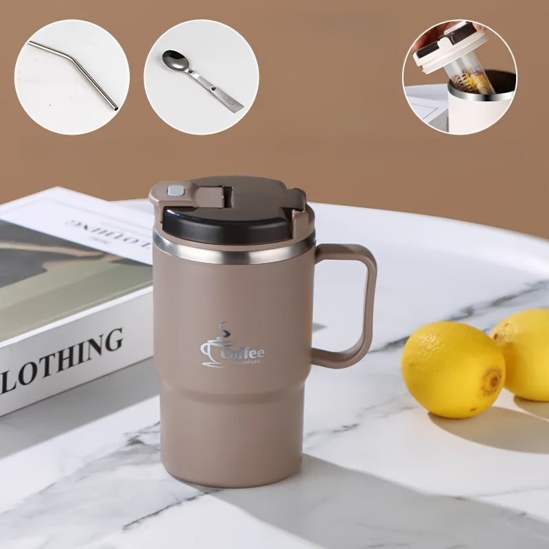 Large 550Ml/19.3Oz Stainless Steel Coffee Mug Featuring a Lid And Spoon, Perfect for Travel, Without Insulation, Suitable for Office Use, Students, Sports, Outdoor Events, And As Gifts for Halloween And Christmas