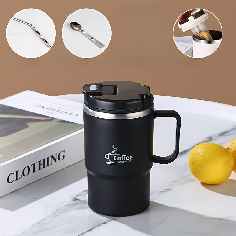 Large 550Ml/19.3Oz Stainless Steel Coffee Mug Featuring a Lid And Spoon, Perfect for Travel, Without Insulation, Suitable for Office Use, Students, Sports, Outdoor Events, And As Gifts for Halloween And Christmas