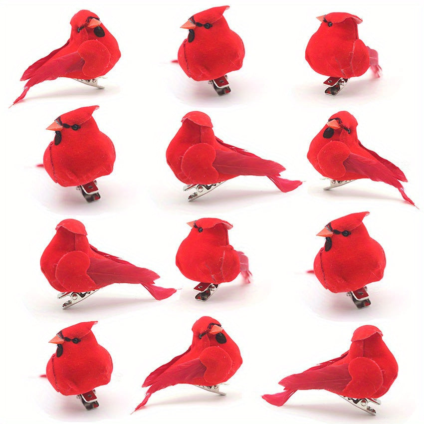 12pcs Christmas Cardinal Red Bird Clip on Tree Ornaments Foam Bird Decorations Approx. 2.36 Inch Bright Red Velvet And Feathers Wreaths Garland Centerpieces Decoration Crafts by Gift Boutique