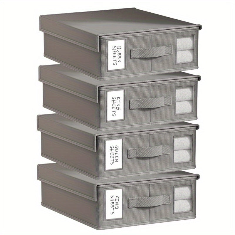4pcs Foldable Bedding Sheet Storage Box, Oxford Fabric & Nonwoven Fabric Organizer with Clear Visual Window, Dustproof Storage Container for Bed Sheets, Duvet Covers, Blankets, Ideal for Closet, Bedroom, Home Organization, Grey & Beige Colors