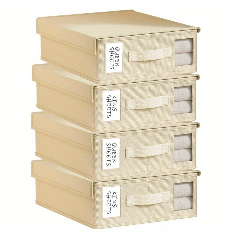 4pcs Foldable Bedding Sheet Storage Box, Oxford Fabric & Nonwoven Fabric Organizer with Clear Visual Window, Dustproof Storage Container for Bed Sheets, Duvet Covers, Blankets, Ideal for Closet, Bedroom, Home Organization, Grey & Beige Colors