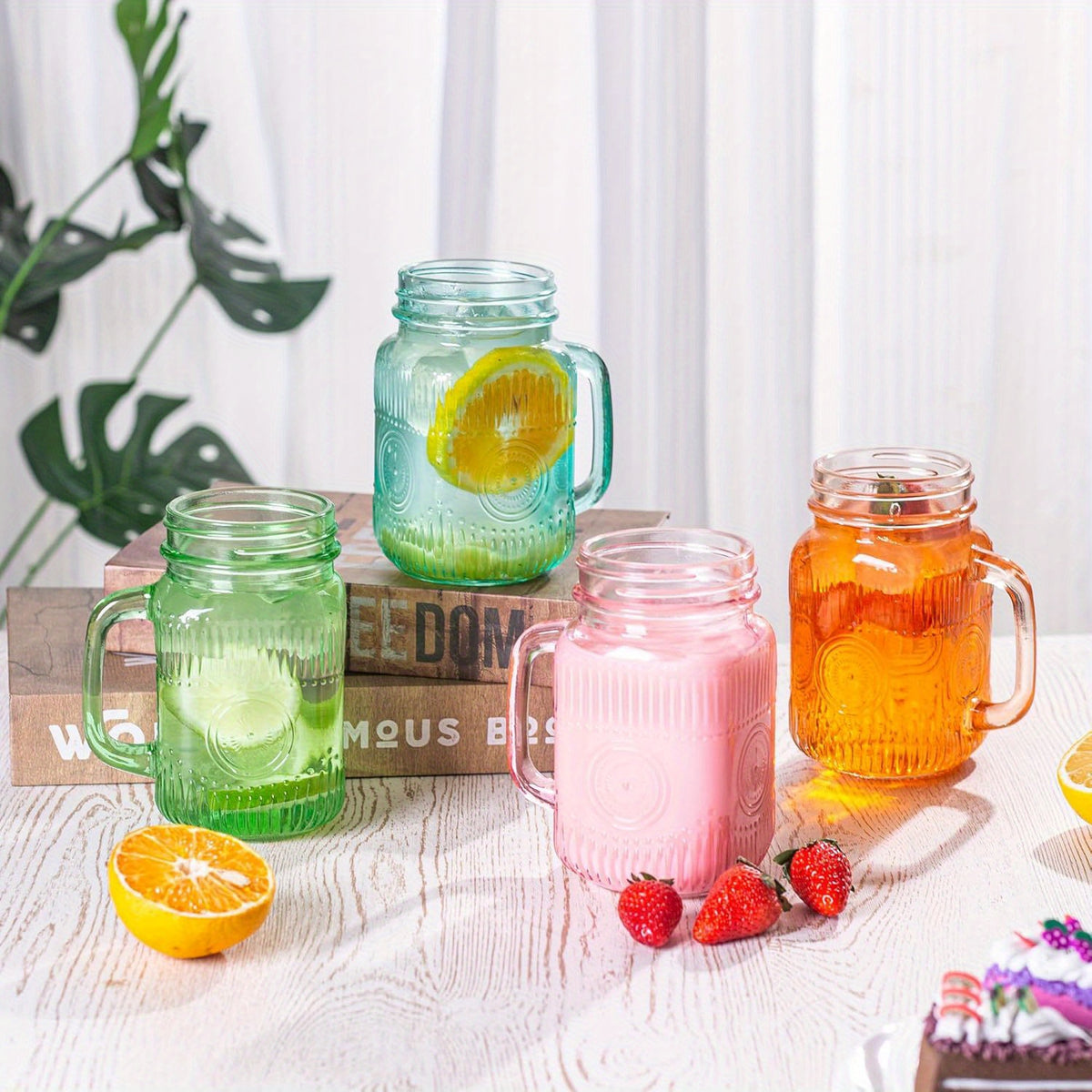 Mason Jar Drinking Mugs with Handles, Set of 6 Vintage Colored 16 oz Beverage Jars for Parties, Barbecues, Casual Gatherings and Everyday Serving