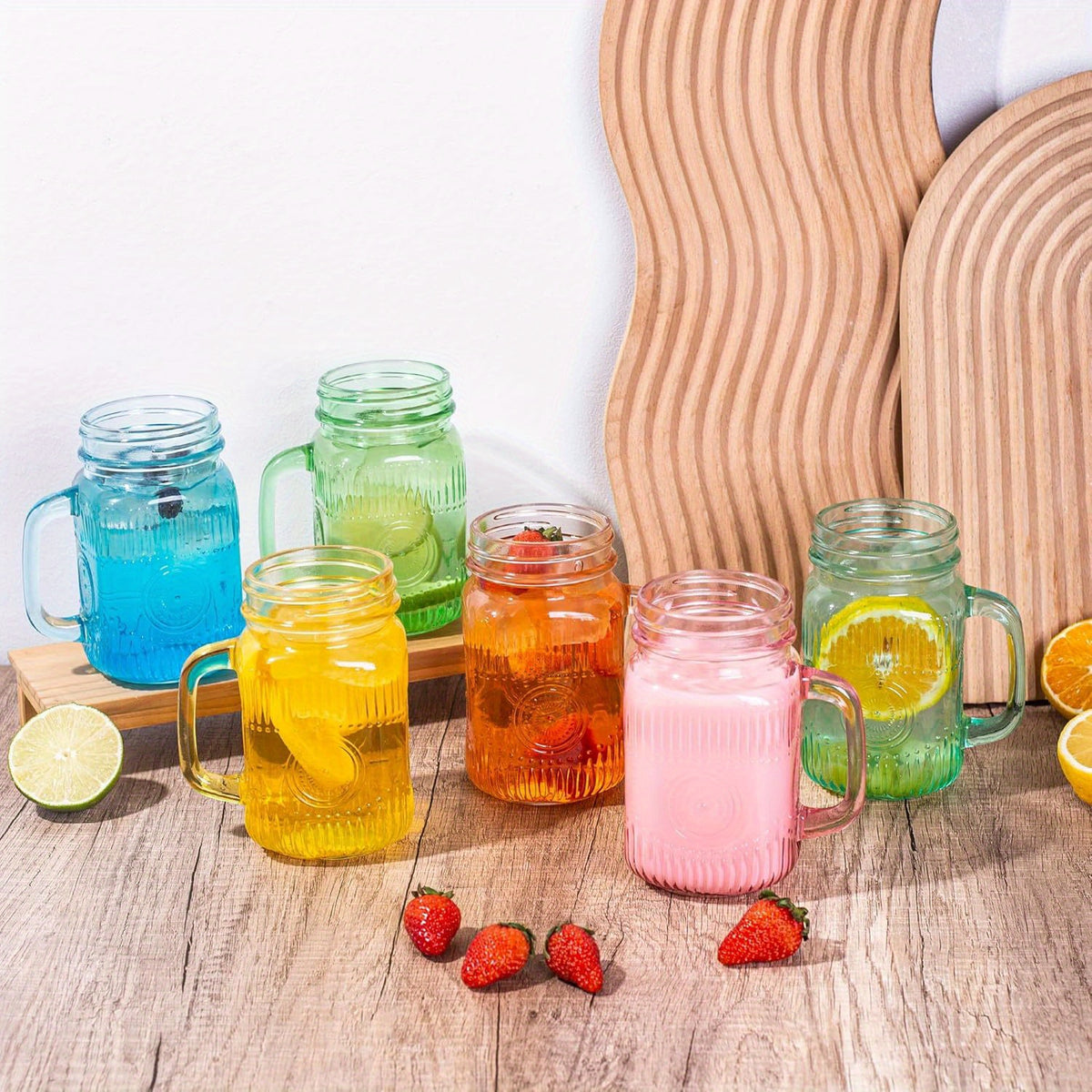Mason Jar Drinking Mugs with Handles, Set of 6 Vintage Colored 16 oz Beverage Jars for Parties, Barbecues, Casual Gatherings and Everyday Serving