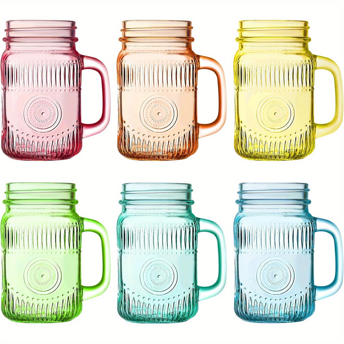 Mason Jar Drinking Mugs with Handles, Set of 6 Vintage Colored 16 oz Beverage Jars for Parties, Barbecues, Casual Gatherings and Everyday Serving