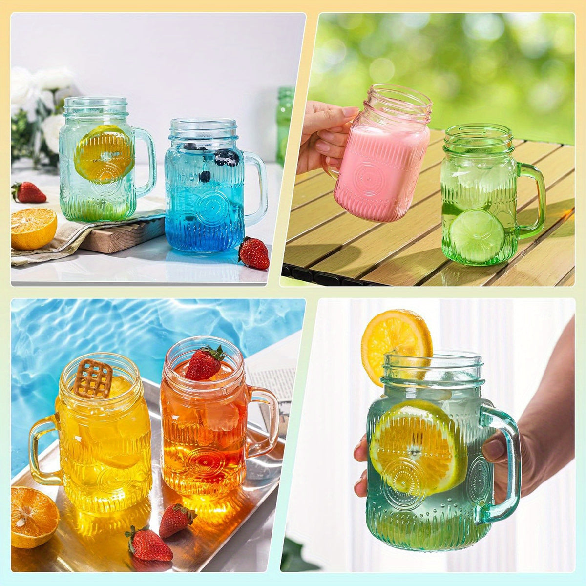 Mason Jar Drinking Mugs with Handles, Set of 6 Vintage Colored 16 oz Beverage Jars for Parties, Barbecues, Casual Gatherings and Everyday Serving