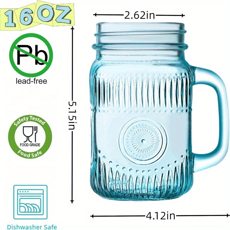 Mason Jar Drinking Mugs with Handles, Set of 6 Vintage Colored 16 oz Beverage Jars for Parties, Barbecues, Casual Gatherings and Everyday Serving