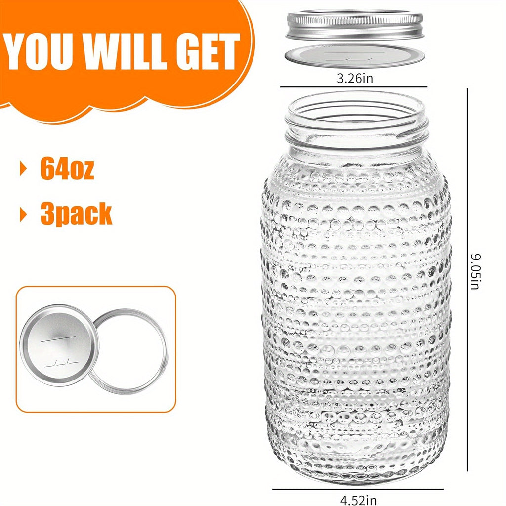 Mason Jars 64oz with Lids Wide Mouth 3pcs, Glass Jars Canning Jars Large for Centerpieces Pickling Storage Food Meal Prep Salad Jam