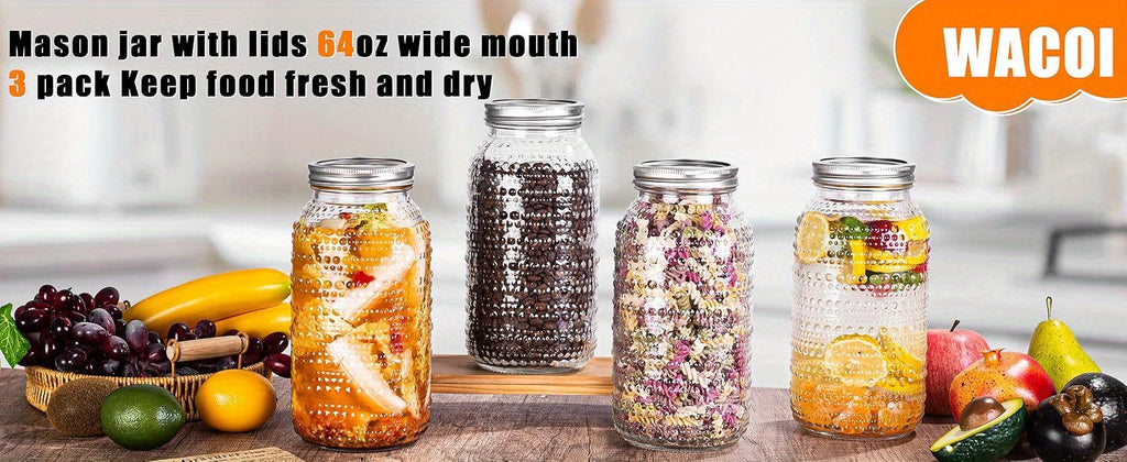 Mason Jars 64oz with Lids Wide Mouth 3pcs, Glass Jars Canning Jars Large for Centerpieces Pickling Storage Food Meal Prep Salad Jam