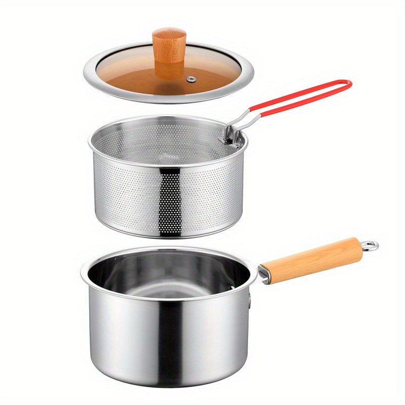 A Versatile Cookware Collection Made of Stainless Steel, Featuring a Frying Basket And a Glass Lid - Includes a Non-Stick Frying Pan, Deep Fryer, Pasta Pot, Milk Saucepan, And Food Steamer, Compatible with Both Induction And Gas Stoves