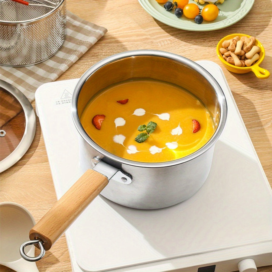A Versatile Cookware Collection Made of Stainless Steel, Featuring a Frying Basket And a Glass Lid - Includes a Non-Stick Frying Pan, Deep Fryer, Pasta Pot, Milk Saucepan, And Food Steamer, Compatible with Both Induction And Gas Stoves