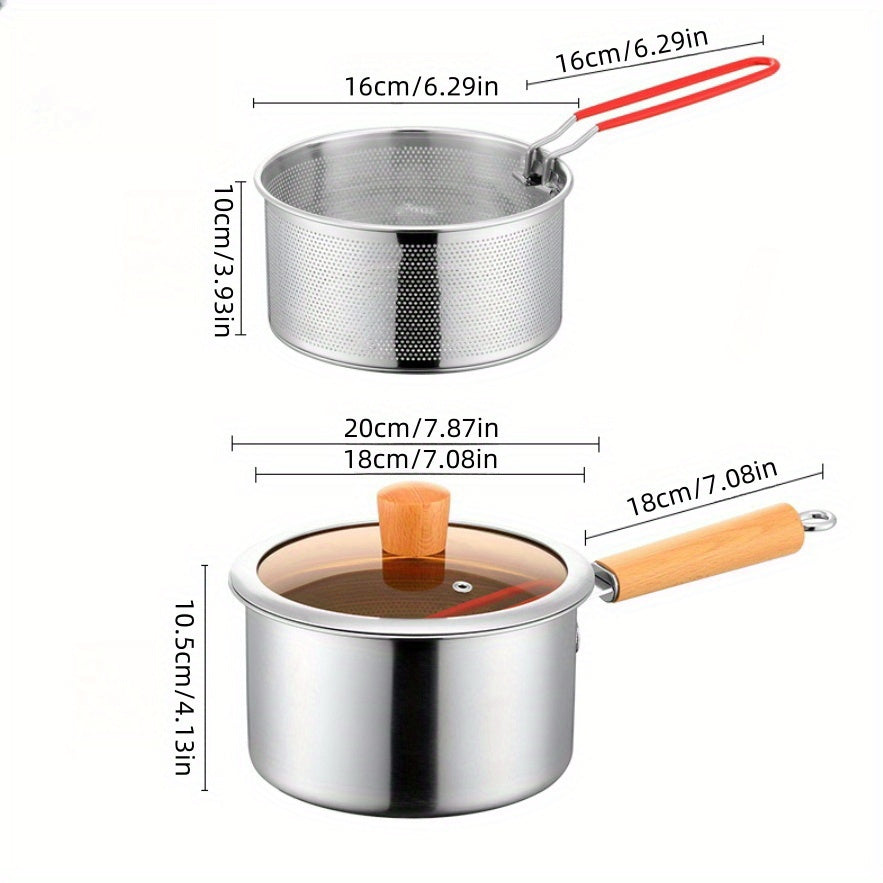 A Versatile Cookware Collection Made of Stainless Steel, Featuring a Frying Basket And a Glass Lid - Includes a Non-Stick Frying Pan, Deep Fryer, Pasta Pot, Milk Saucepan, And Food Steamer, Compatible with Both Induction And Gas Stoves