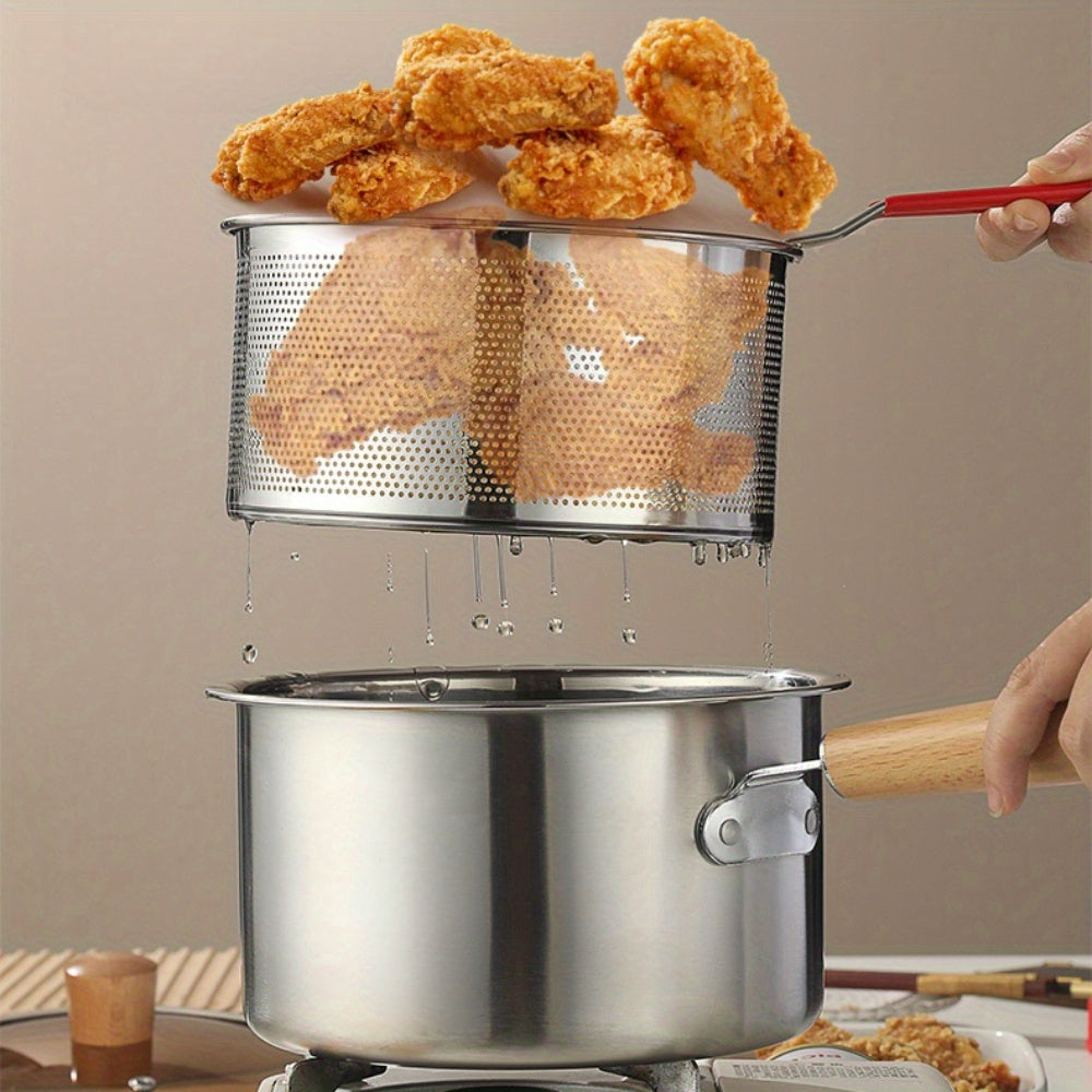 A Versatile Cookware Collection Made of Stainless Steel, Featuring a Frying Basket And a Glass Lid - Includes a Non-Stick Frying Pan, Deep Fryer, Pasta Pot, Milk Saucepan, And Food Steamer, Compatible with Both Induction And Gas Stoves