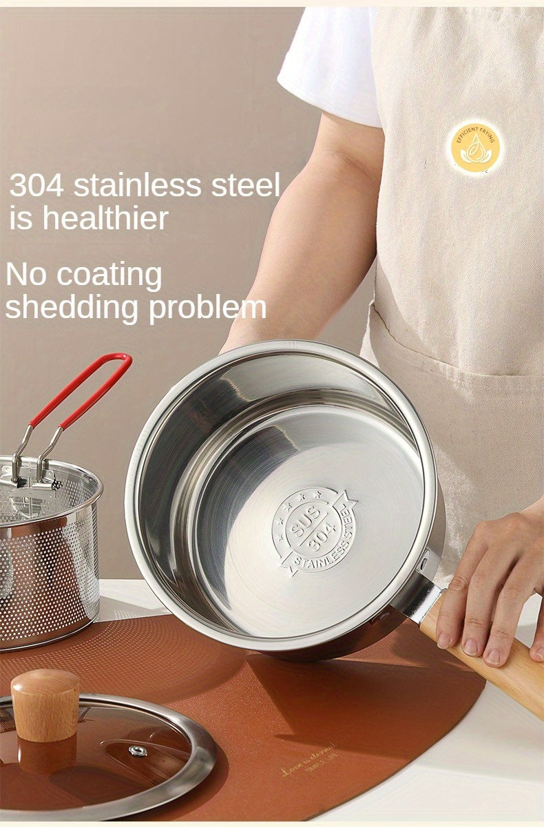A Versatile Cookware Collection Made of Stainless Steel, Featuring a Frying Basket And a Glass Lid - Includes a Non-Stick Frying Pan, Deep Fryer, Pasta Pot, Milk Saucepan, And Food Steamer, Compatible with Both Induction And Gas Stoves