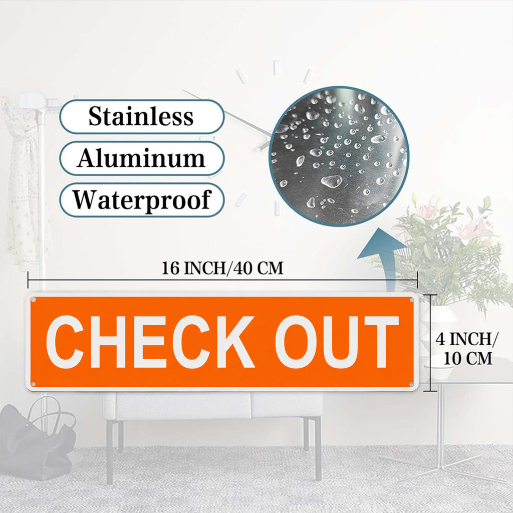 2D Flat - 2-Pack Check Out Metal Signs 4X16In, Orange And White High-Contrast Vertical Directional Signs, 2D Flat Printed Uv-Resistant Indoor Outdoor Wall Plaques with Pre-Drilled Holes for Store, Office, Library And Workplace