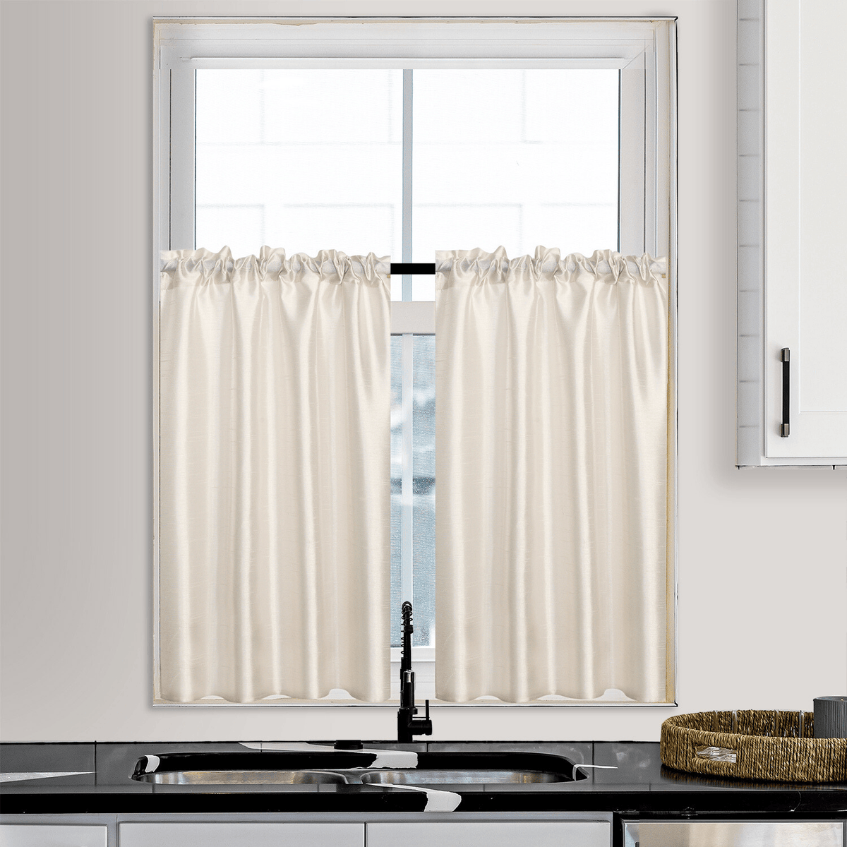 3 Panels Faux Silk Solid Color Sheer Kitchen Curtains Set Rod Pocket Design with 2 Tiers 26x36 inch Each and 1 Valance 52x14 inch for Kitchen Bathroom Privacy Drapes and curtains