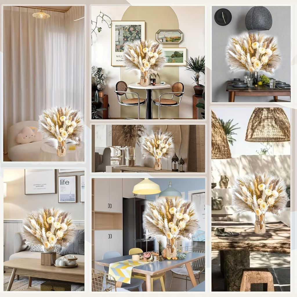 91/51pcs Large Dried Pampas Grass Bouquet with Artificial White & Beige Roses - Full Blooming Wedding, Home, Farmhouse Centerpiece - Low-Maintenance Boho Table Decor, Rustic Dried Flower Arrangement (No Vase Included)