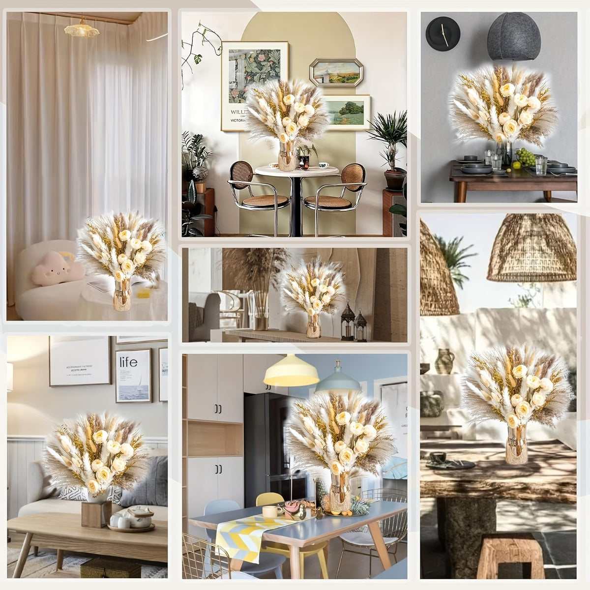 91/51pcs Large Dried Pampas Grass Bouquet with Artificial White & Beige Roses - Full Blooming Wedding, Home, Farmhouse Centerpiece - Low-Maintenance Boho Table Decor, Rustic Dried Flower Arrangement (No Vase Included)