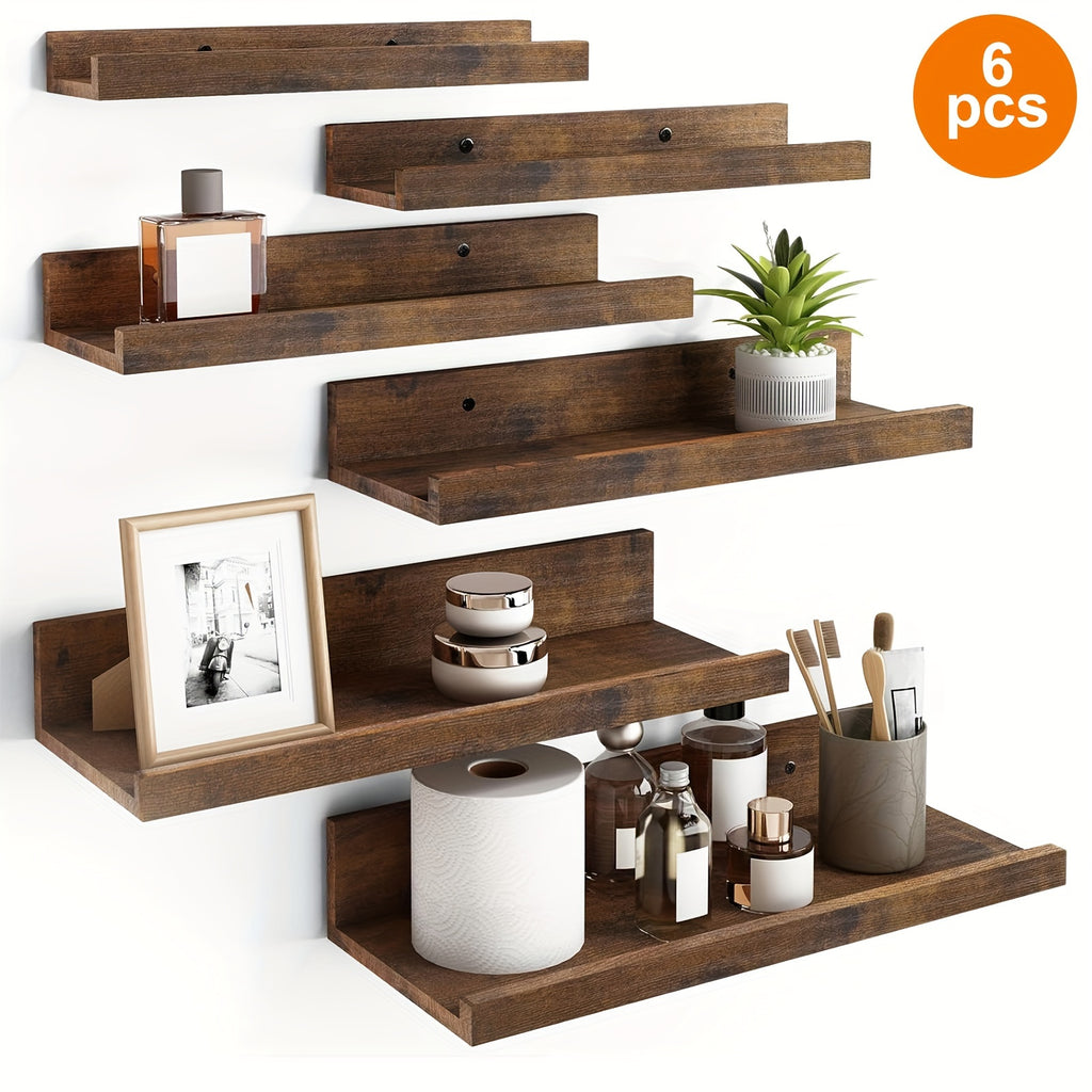 Floating Shelves in Six Sizes, 6-Piece Wall Mounted Ledge Set in Brown, White or Black for Bedroom Displays, Bathroom Storage and Living Room Decor