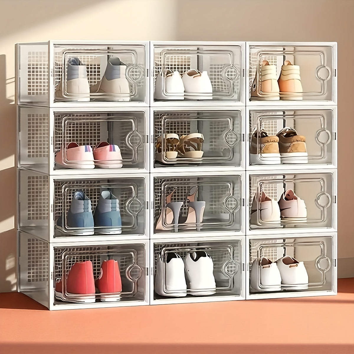 6/12/24pcs Thickened Transparent Shoe Boxes with Lid, Foldable Stackable Free Combination Shoe Rack, Plastic Sneaker Container, Space Saving Storage Organizer for Entryway Bedroom, Home Shoe Box Shoe Racks Shoe Storage Organizer Shelf