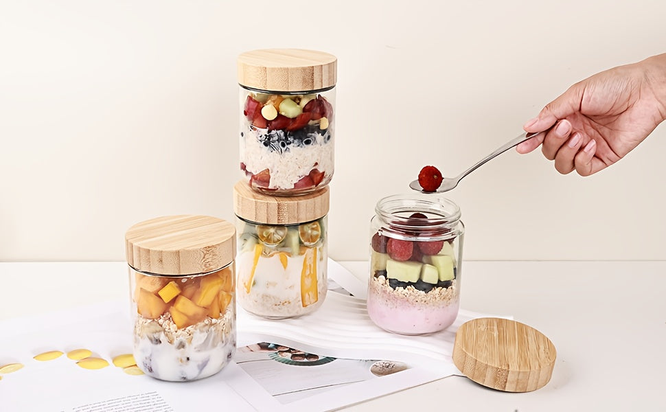 4/6-Pack Overnight Oats Containers with 4/6pcs Spoons And Bamboo Lids, Glass Jars with Airtight Lids for Meal Prep, Wide Mouth Mason Salad Jars, Glass Food Storage Container for Yogurt Chia Snacks Spice Sugar