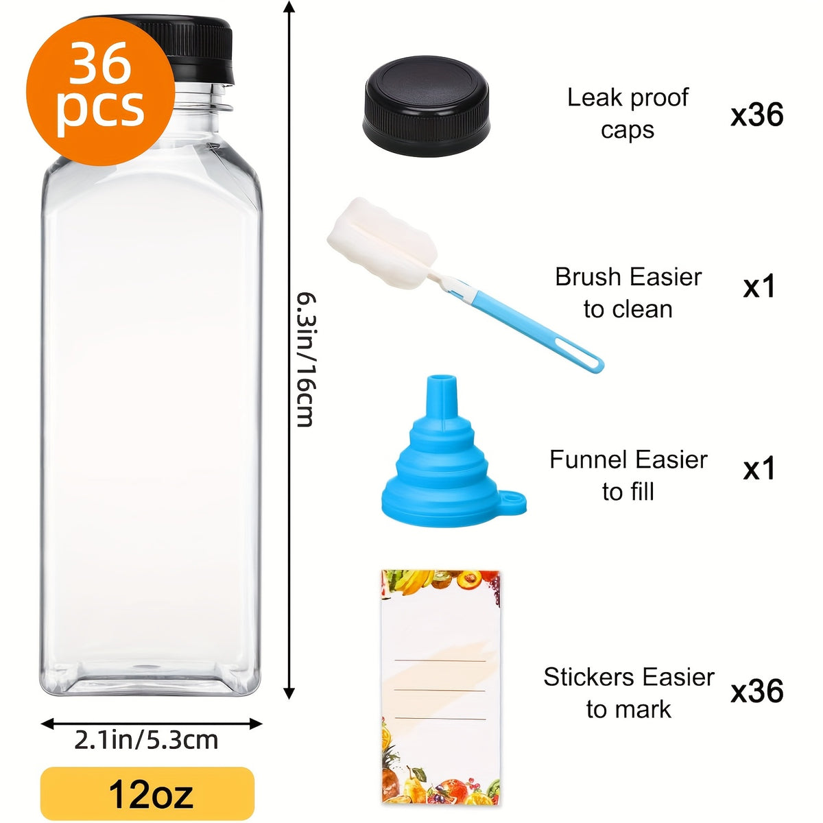 20pcs/36pcs/56pcs/100pcs Juice Bottles, 12/16oz Plastic Bottles With Lids, Reusable Clear Containers For Juice, Smoothies, Cola, Water And Other Beverages, Summer. Funnel & Brush (Color Random).
