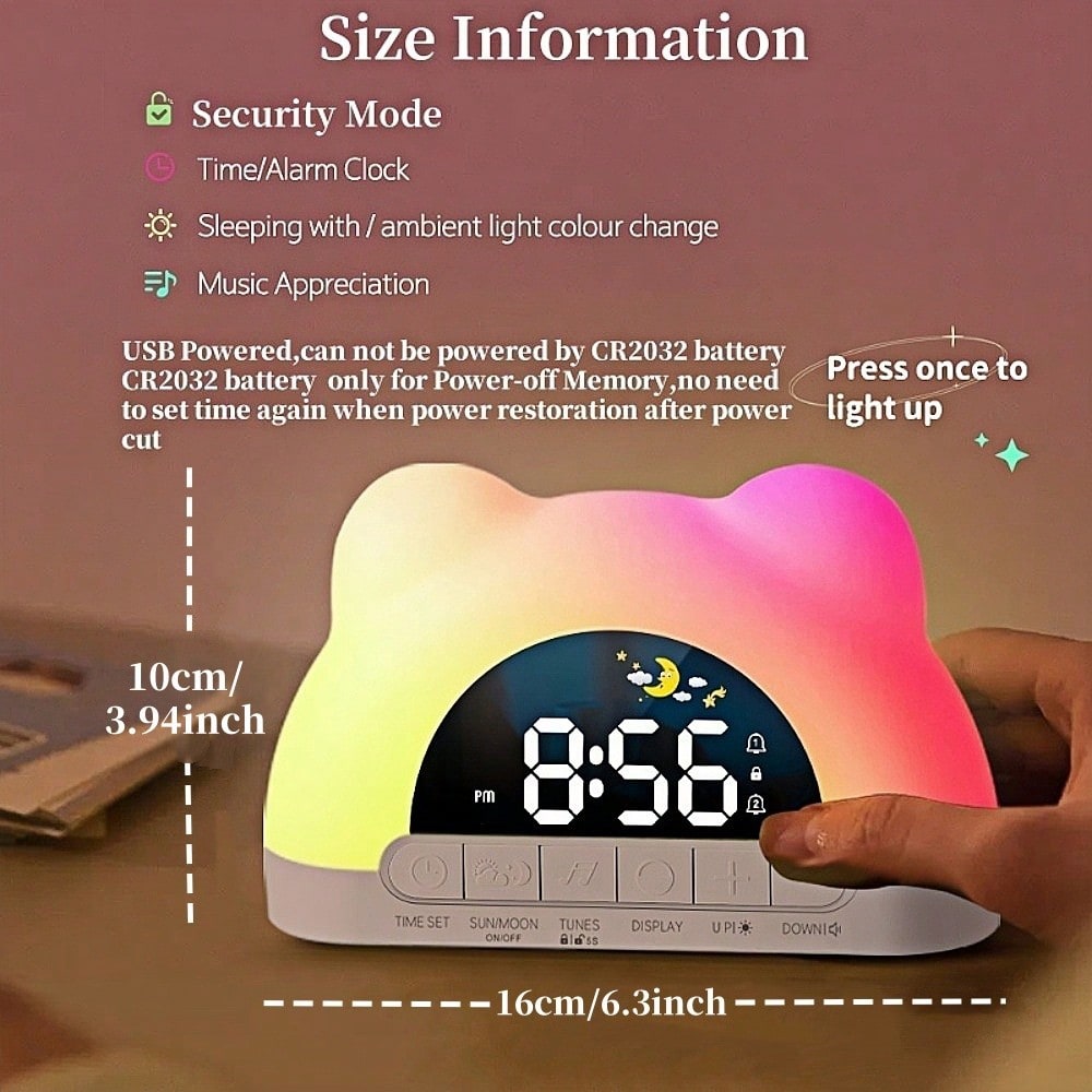 Music Alarm Clock with 11-Color Ambient Light, USB-Powered White Digital Bedside Clock with Dual Alarms, Snooze and Adjustable Volume for Bedrooms