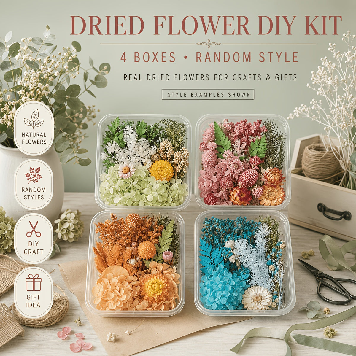 4 Boxes Dried Flower Set Assorted, Flower Set shipped randomly, Styles Decoration Wrapping Scrapbooking Home Decor Supplies