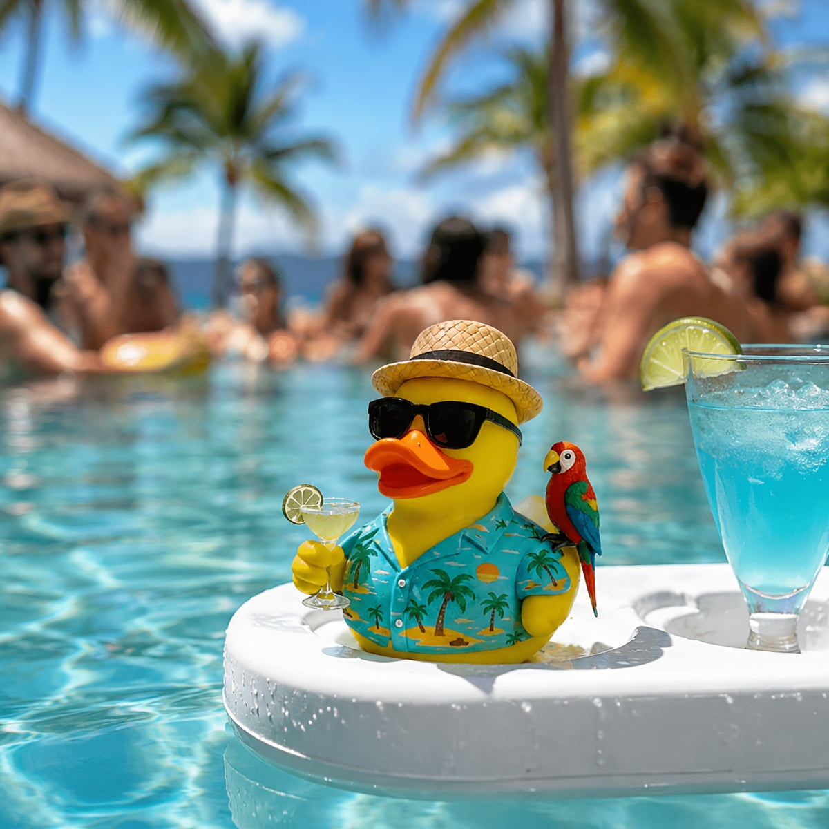 Cocktail Beach Duck, Special Summer Edition. Exquisite Craft Ornament. Perfect for Outdoor Scenes, Pool Parties, Beach Parties, Hawaiian Styles Seaside Vacations. Ideal Decor for Summer-Themed Shoots And Thoughtful Seasonal Gifts