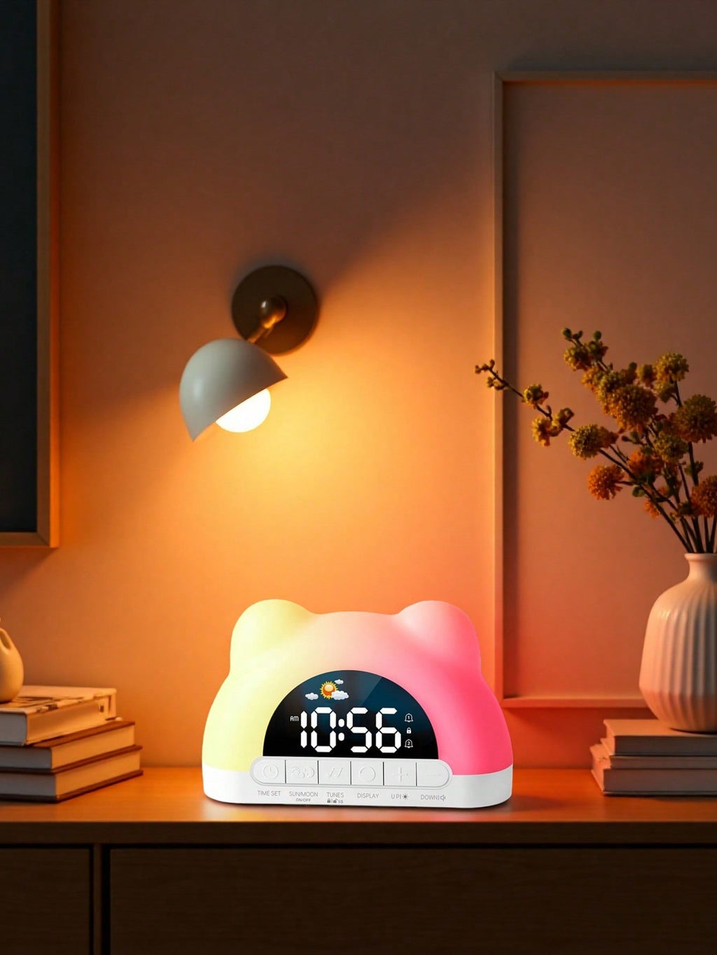 Music Alarm Clock with 11-Color Ambient Light, USB-Powered White Digital Bedside Clock with Dual Alarms, Snooze and Adjustable Volume for Bedrooms