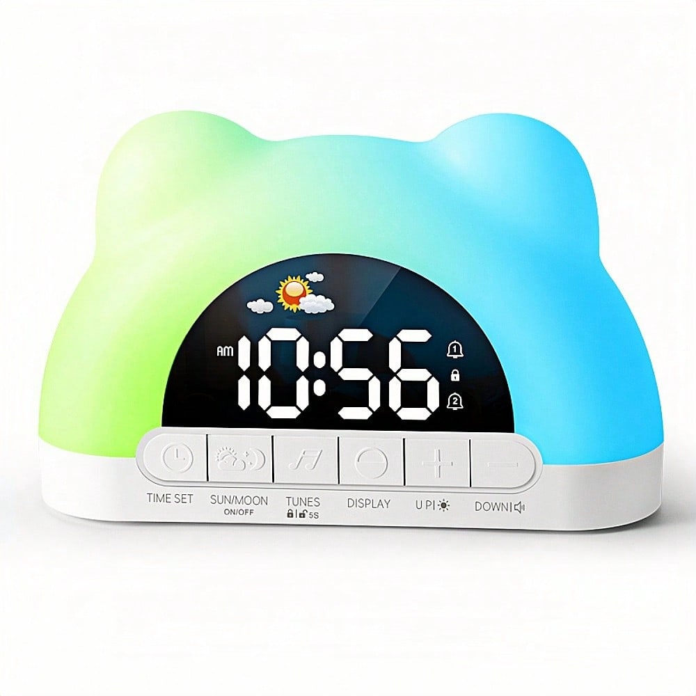Music Alarm Clock with 11-Color Ambient Light, USB-Powered White Digital Bedside Clock with Dual Alarms, Snooze and Adjustable Volume for Bedrooms