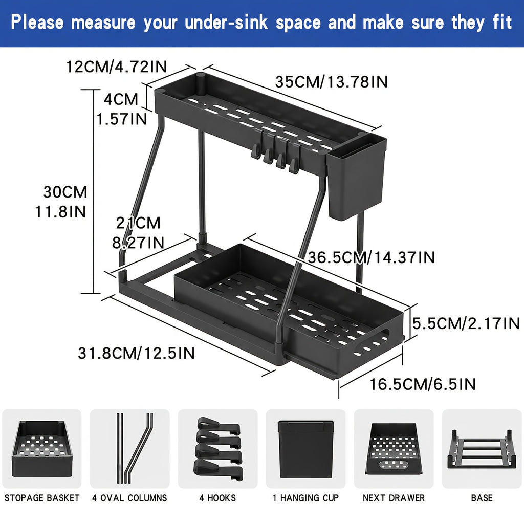 2pcs Under Sink Organizer with Sliding Shelves Multi-Purpose Black Plastic Storage Basket for Bathroom And Kitchen Cabinet Durable Construction Bathroom Organizer