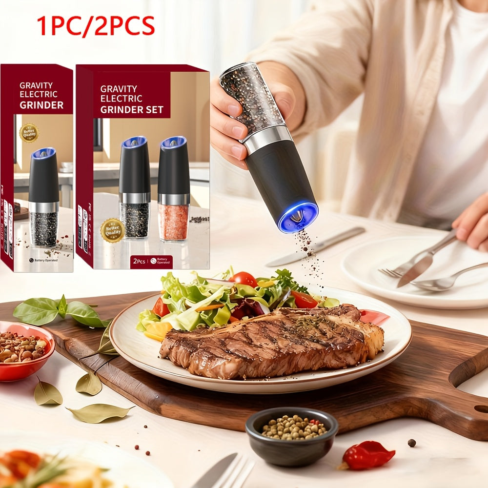 1pc/2pcs Electric Salt and Pepper Mill with Tilt Grinding, Pepper Grinder Suitable, Large Capacity ABS Mills, Adjustable Coarseness, One-Hand Operation & LED Light, Holiday Gifts for, Christmas