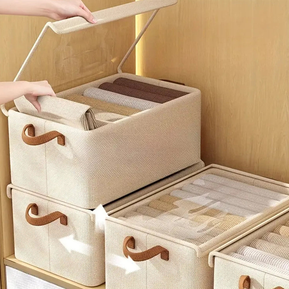 4/ 6pcs Clothes Organizer Box With Handles, Foldable Wardrobe Storage Box With Steel Frame, Stackable Sundries Storage Box With Bottom Plate, Storage Box With Transparent Visual Lid - 18.5*11.02*7.87inch
