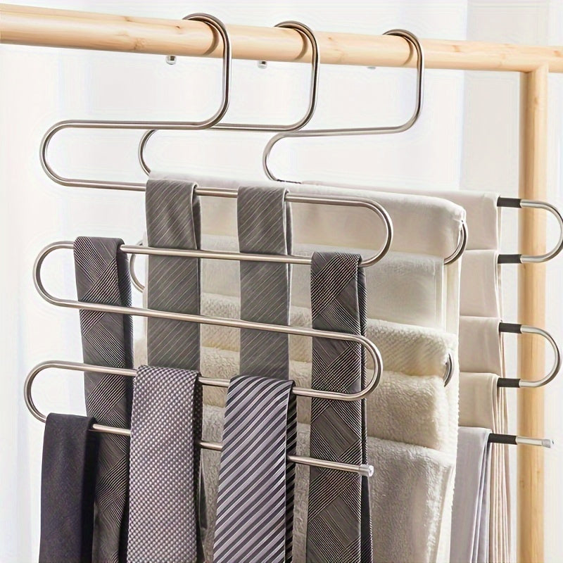 5 Tier Stainless Steel Pants Hanger S Shaped, Non Slip, No Mark Multi Layer Organizer For Closet Storage, Ideal For Jeans & Trousers, Space-Saving Design For Neat Wardrobe Organization, Clothes Organizer Storage
