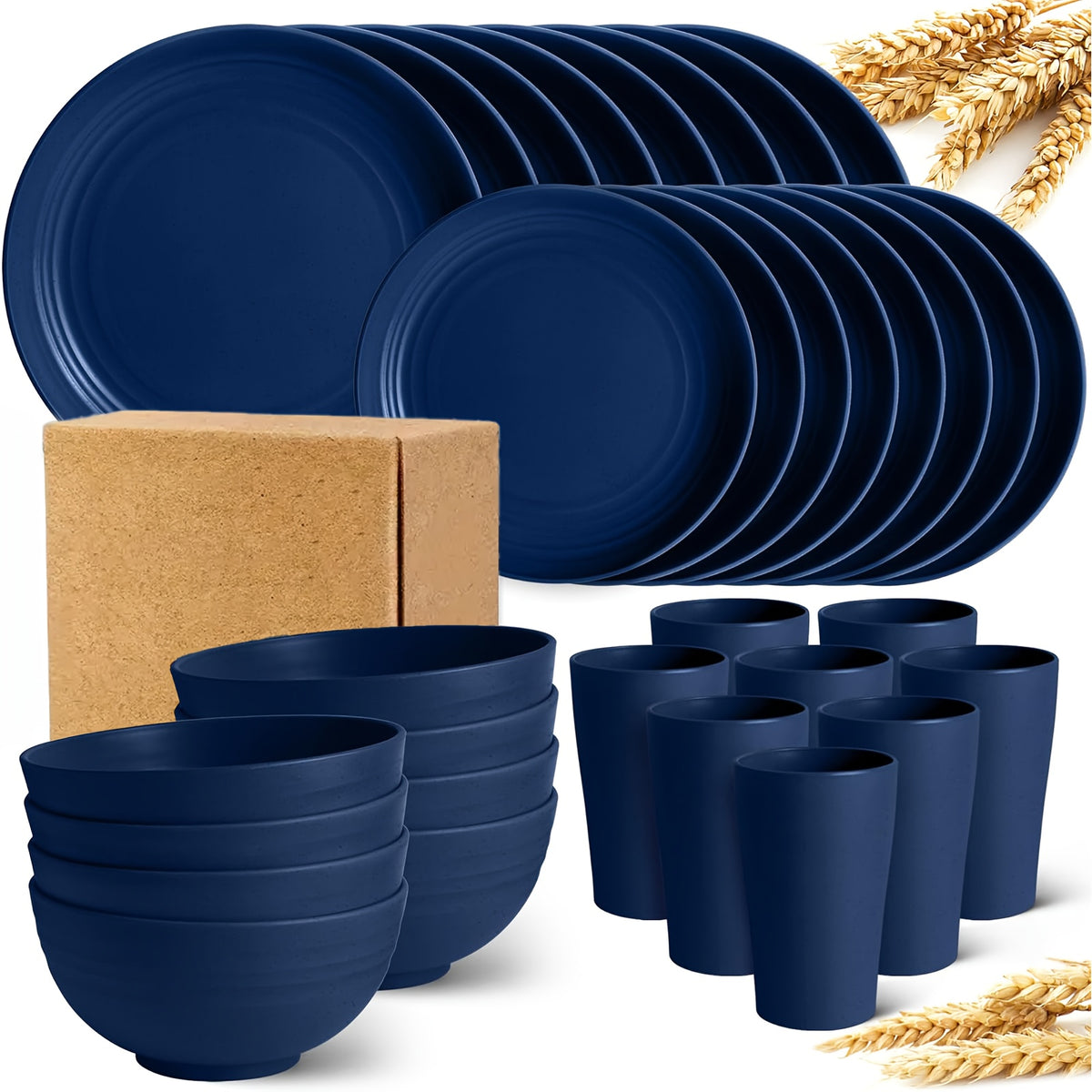 16/32pcs Kitchen Plastic Wheat Straw Tableware Set, 4/8 People, Plates, Dessert Plates, Cereal Bowls, Cups, Unbreakable, Lightweight Shatterproof for Camping/Daily Use/Parties/Weddings, Gift for Halloween/Christmas, Local Warehouse Item