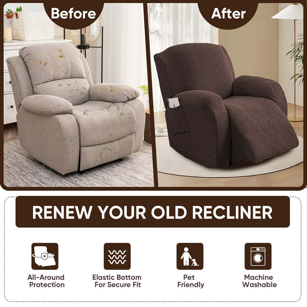 1SEAT 2026 NEW Recliner Slipcovers, Four Seasons Stretch Recliner Slipcover with Pocket, Removable, Washable, And Soft Recliner SlipChair Cover Suitable for Living Room Sofa Cover Home Decor, Easter Decorations for Home, St Patricks Day.