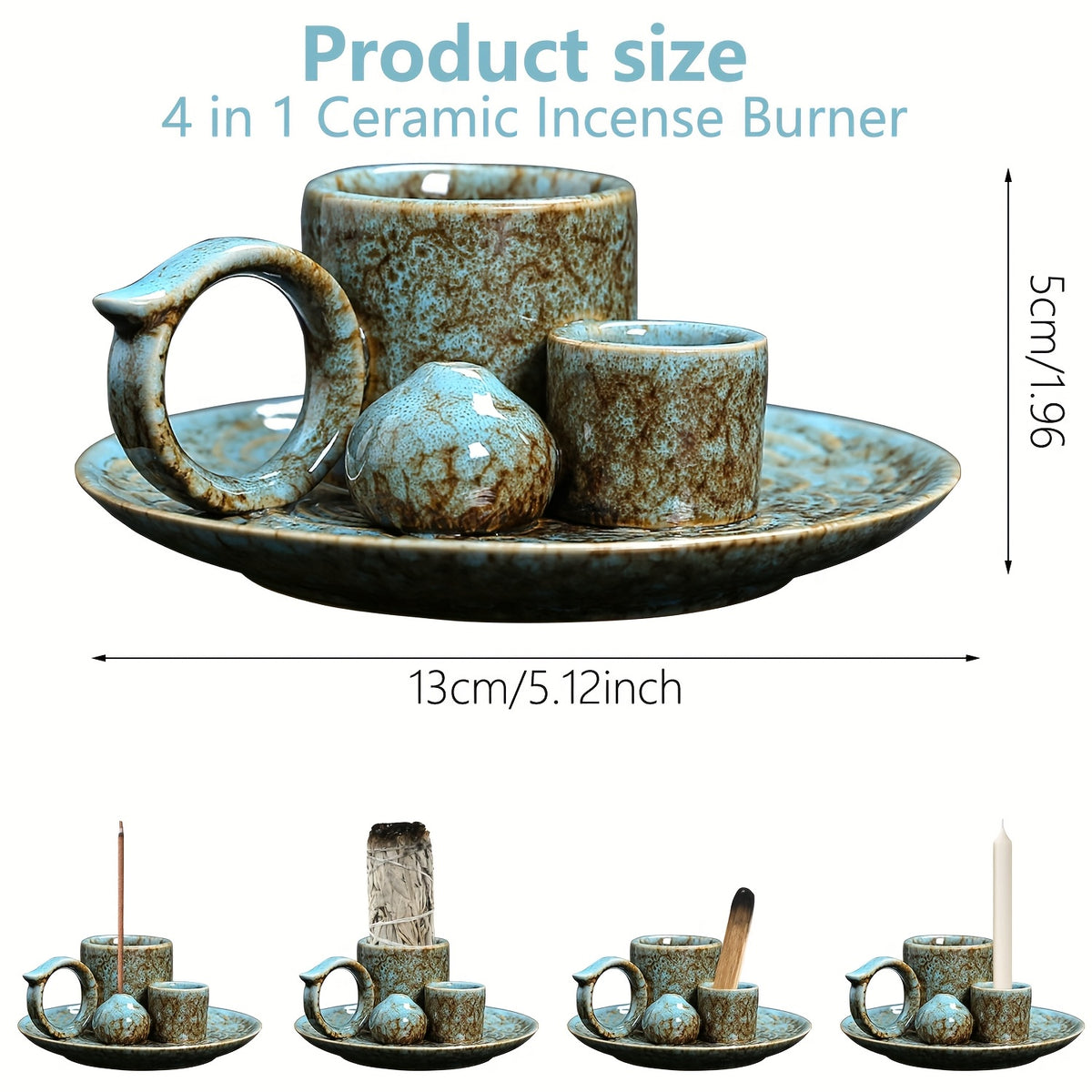 1pc Premium Ceramic Incense Burner, 4-in-1 with Handle, Suitable for Incense Sticks, Sage, Candle Holder, Perfect Ash Collection, Exquisite Home Decor Tray, Ideal for Yoga, Meditation, Housewarming, Gifts for Friends and Family