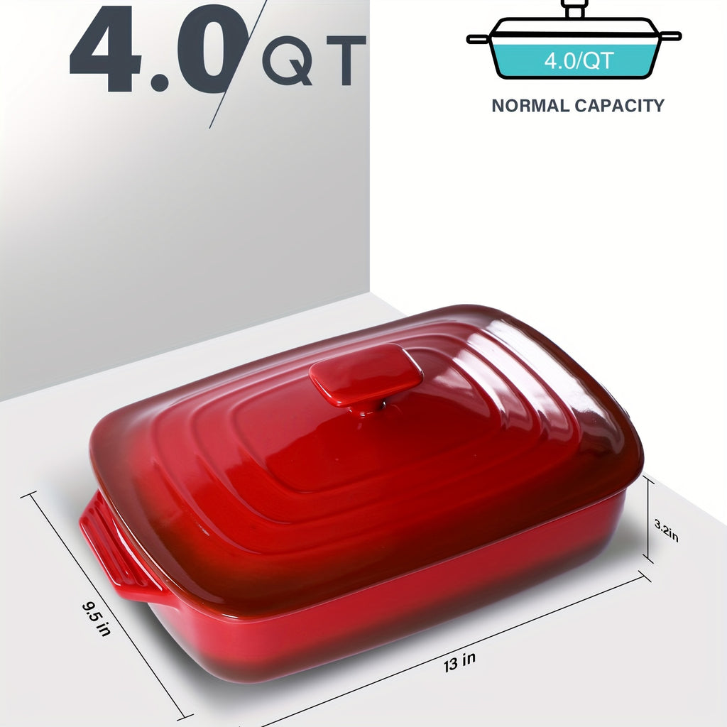 Large Ceramic Casserole Dish with Lid, 4.0 Quart Covered Rectangular Stoneware Baking Dishes for Oven, Deep 9x13 Inch Lasagna Pans for Baking and Serving, Perfect for mothers day gifts, Red