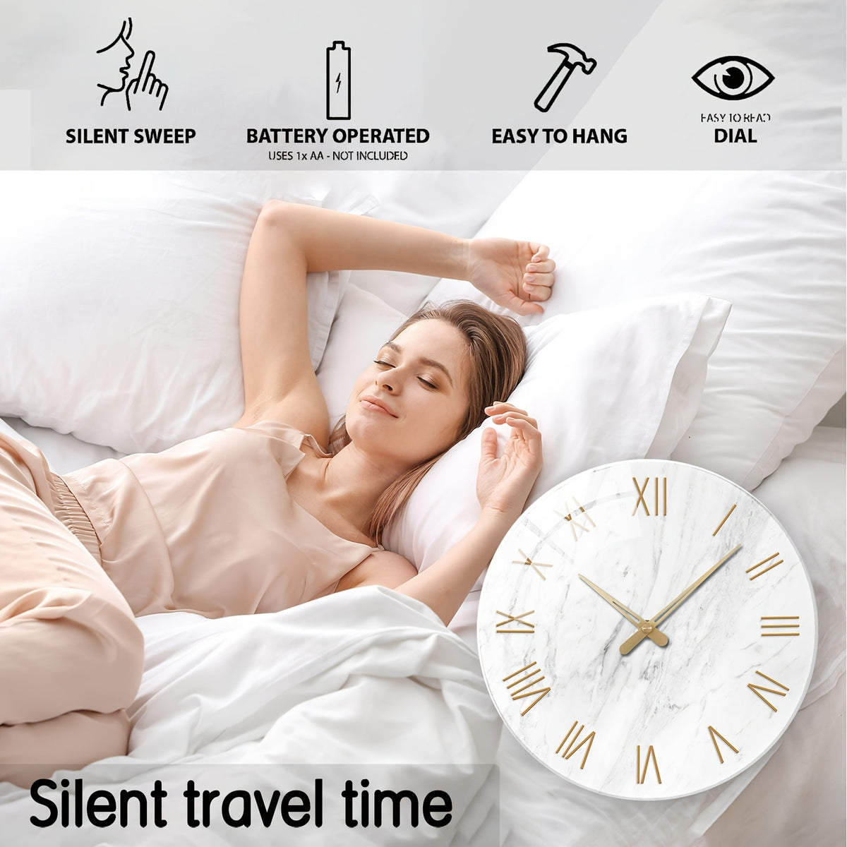 Modern White Tempered Glass Large Wall Clock - 4mm Thickened, 12-24 Inch Marble Texture Silent Clock, Large Size, Battery Powered, Handcrafted, Suitable For Living Room, Aesthetic Room, Bedroom, Office Decorative Clock, Ideal Gift