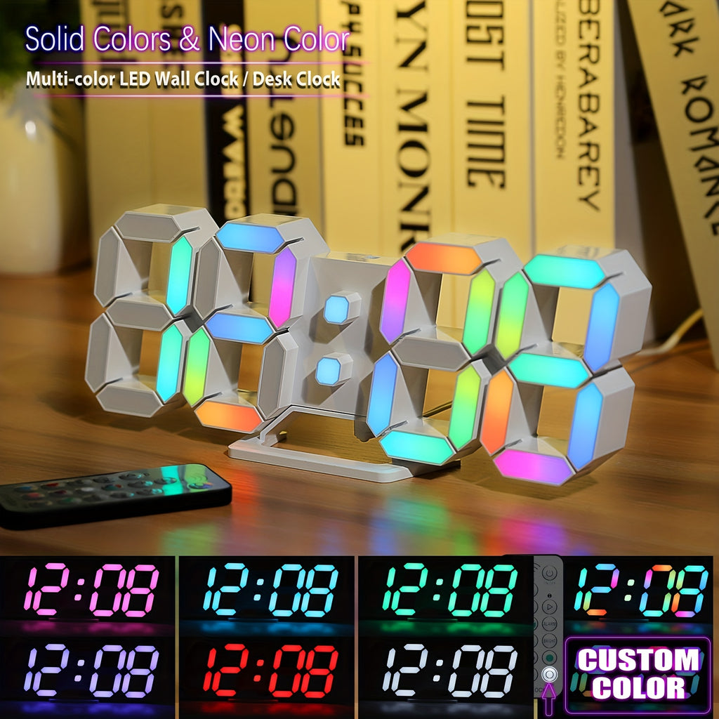 1pc RGB Neon LED Clock 9. 7" Digital Wall Clock Large Display Aesthetic Alarm Clock for Bedroom Living Room, Colorful, Remote Control, Adjustable Brightness, Date/Temperature