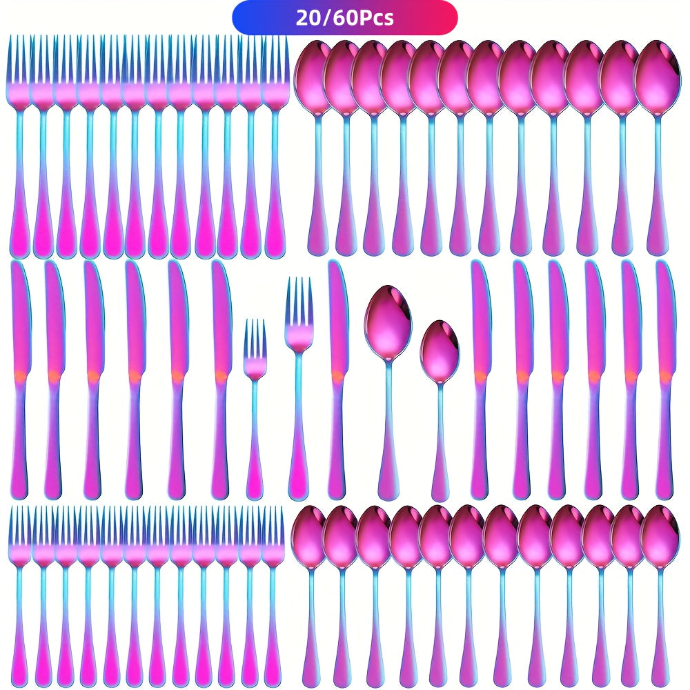 60/20pcs Of Mirror Polished Stainless Steel Tableware Set for 12 People - Titanium Plated Dishwasher Safe Cutlery Set with Knife Fork Spoon, (Vibrant Colors, 304 Food Grade Material) The Best Gifts for Thanksgiving And Christmas