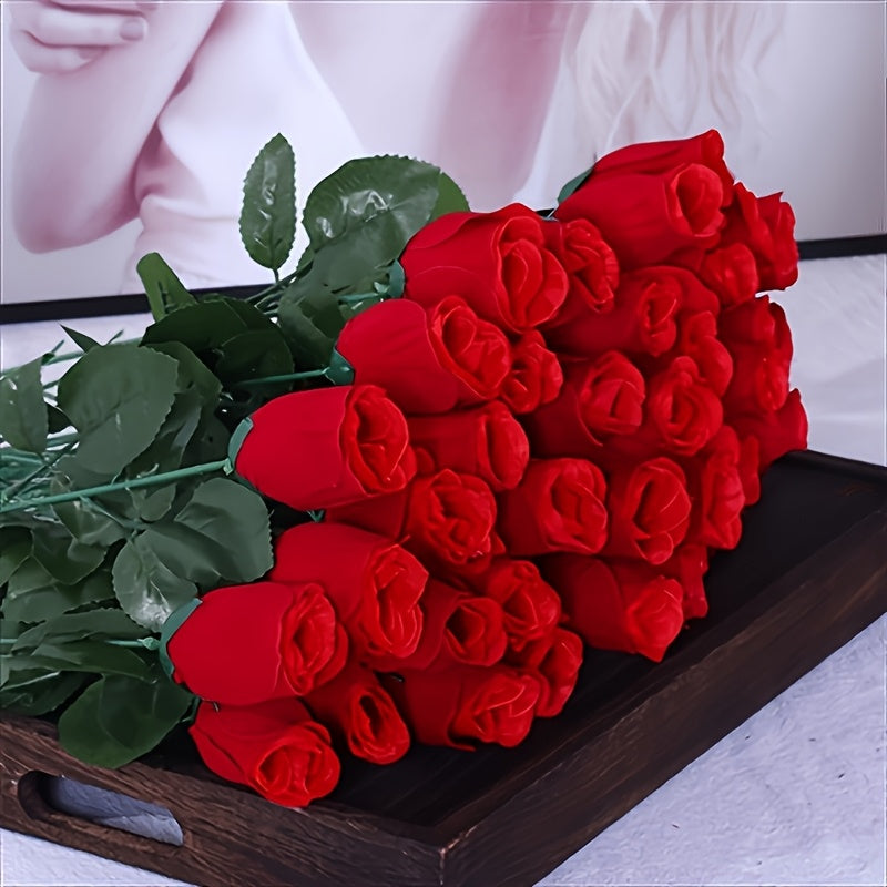 Artificial Plastic Rose Flowers, 32-Piece Mixed Color Set with 8 Red White Yellow and Blue Roses Each for Porch, Balcony, Courtyard and Indoor Decor