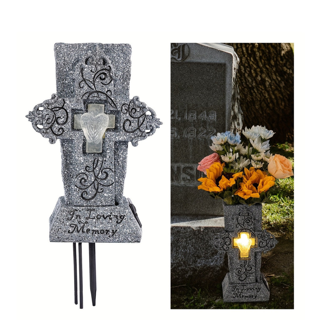 Solar Cemetery Grave Vase with LED for Fresh/Artificial Flowers Headstones Vases with Spikes Gravestone Decor Memorial Gifts for Loss of Loved One