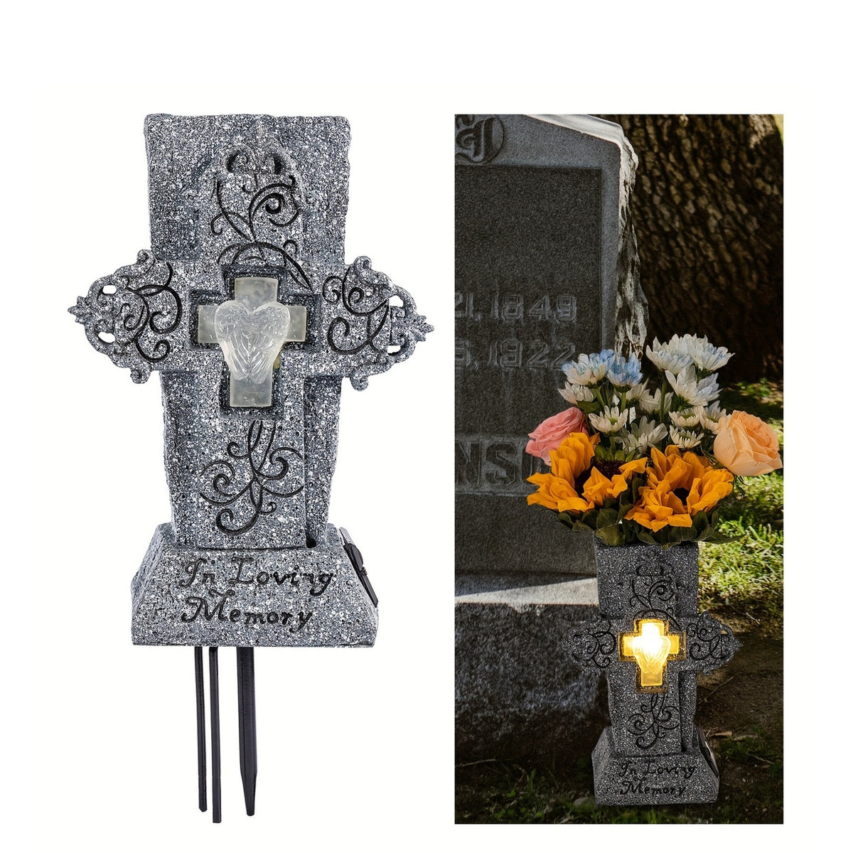 Solar Cemetery Grave Vase with LED for Fresh/Artificial Flowers Headstones Vases with Spikes Gravestone Decor Memorial Gifts for Loss of Loved One
