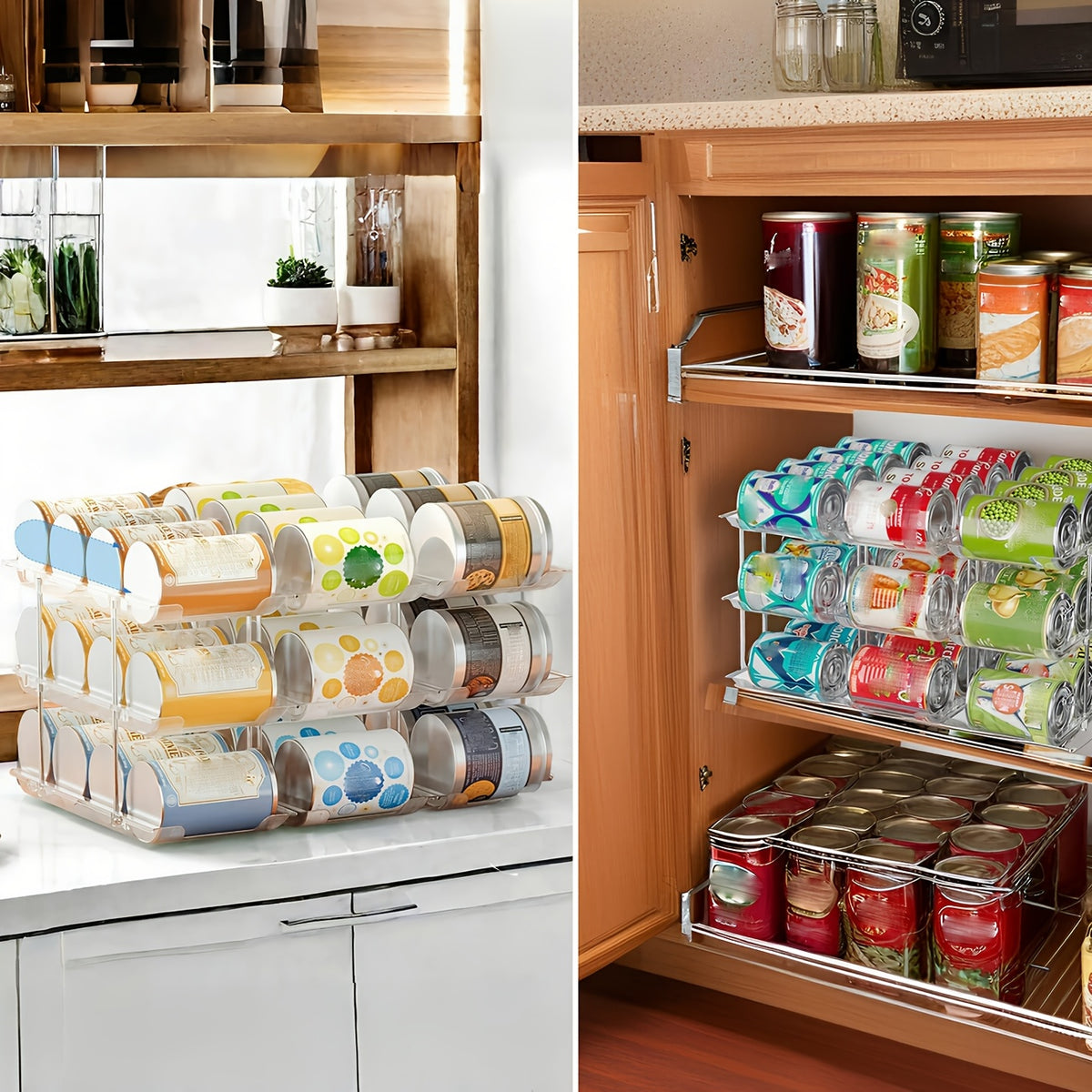 Pantry Can Storage Rack - Holds 36 Cans (3 Tiers/3pcs), Auto-Rolling Stackable Can Storage Rack - Transparent PET Material, Suitable for Soda, Soup, Vegetable Cans - Kitchen, Garage, Dorm Closet Organizer - Tool-Free Easy Assembly.