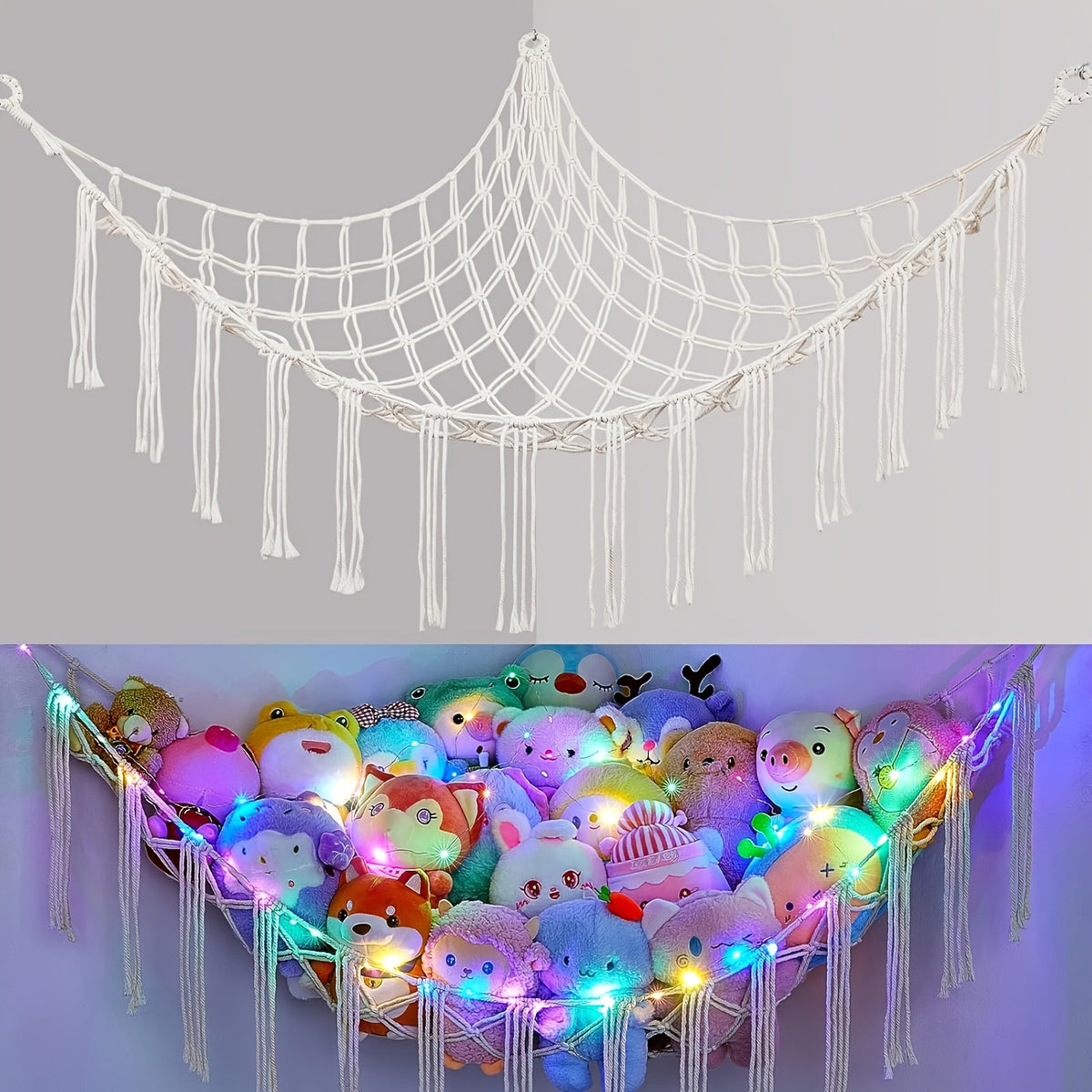 Four Colors Stuffed Animal Storage Storage with Light - Jumbo Doll Corner Stuff Animals Organizer Decorations - Cute Hanging Plushie Net Youngsters Nursery Bedroom Room Decor, Halloween, Christmas And Easter Gifts