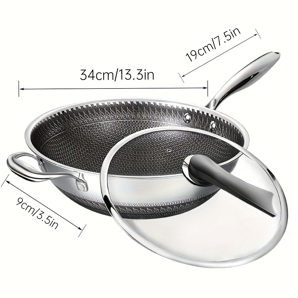 13.3-Inch Tri-Ply Stainless Steel Non-Stick Wok with Lid And 2pcs Cookware Additions, Honeycomb Design, Home Cooking Pan, Suitable for All Stoves, Kitchen Utensils, Kitchen Tools, Kitchen Accessory, Kitchen Supplies Camping